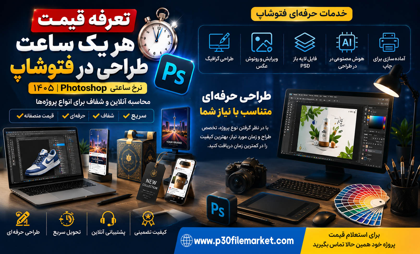 تعرفه قیمت هر یک ساعت طراحی در فتوشاپ | نرخ ساعتی Photoshop ۱۴۰۵